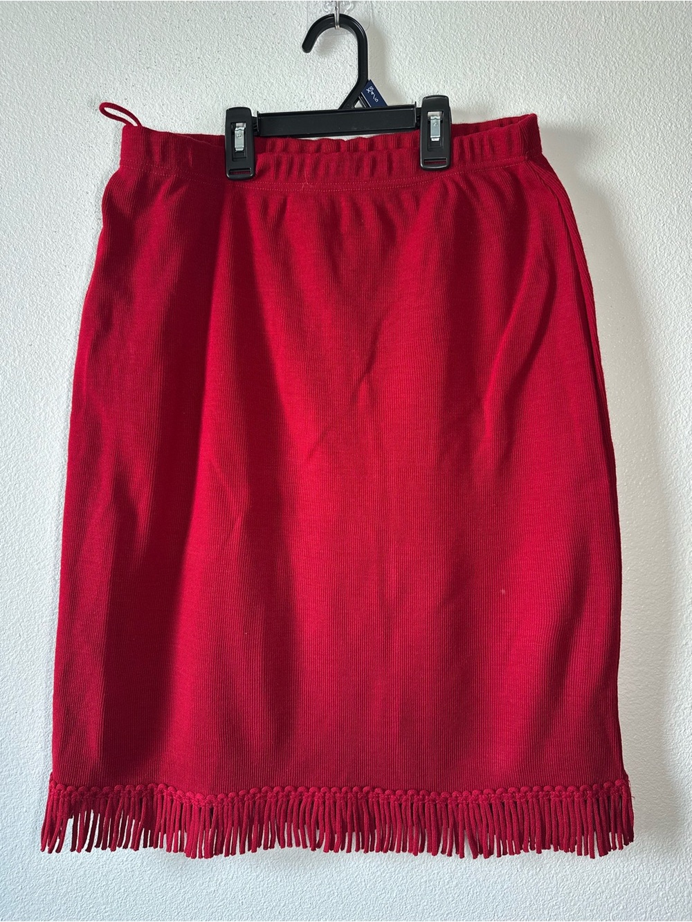 Nina Leonard Red Knit Pencil Skirt with Fringe Hem